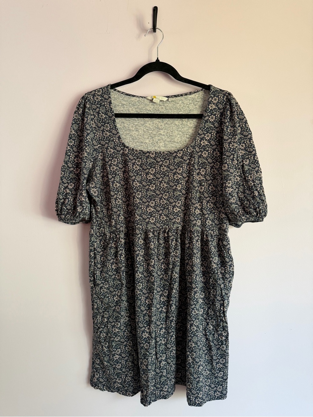 Black Floral Cotton Square-Neck Puff Sleeve Dress 16/18